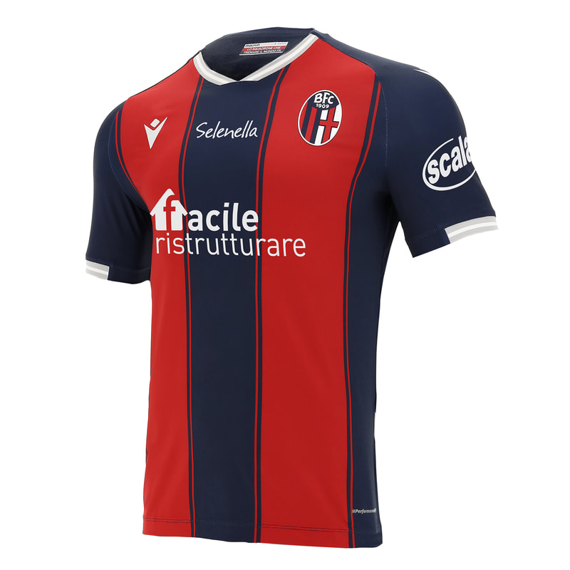 Bologna Home 2020/2021 Football Shirt Manufactured By Macron. The Club Plays Football In Italy.