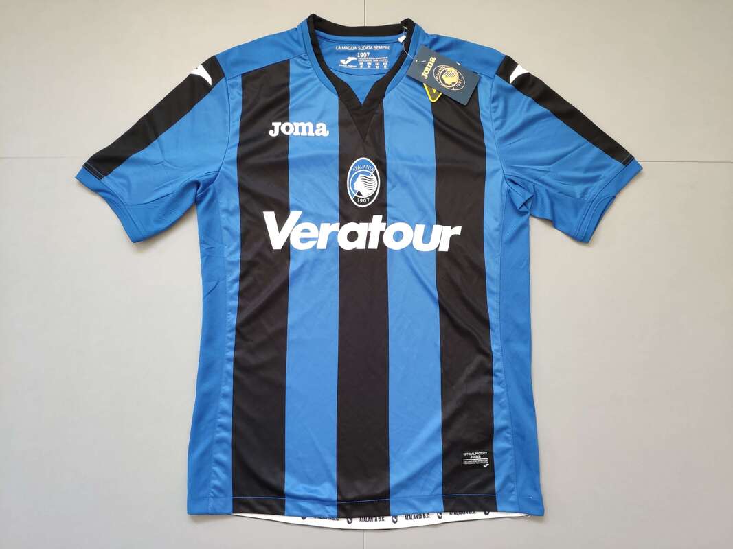 Atalanta B.C. Home 2017/2018 Football Shirt Manufactured By Joma. The Club Plays Football In Italy.