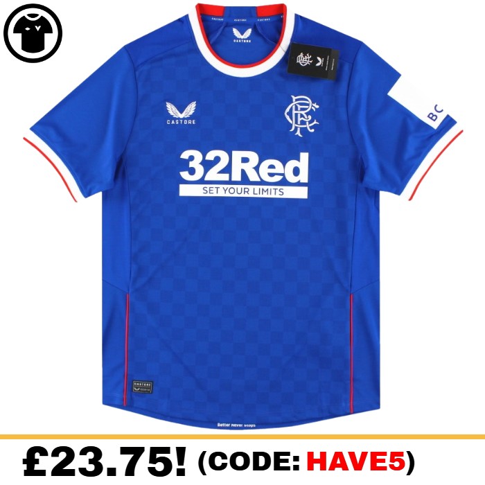 Rangers Home 2022/2023 Football Shirt Manufactured By Castore. The Club Plays In Scotland.