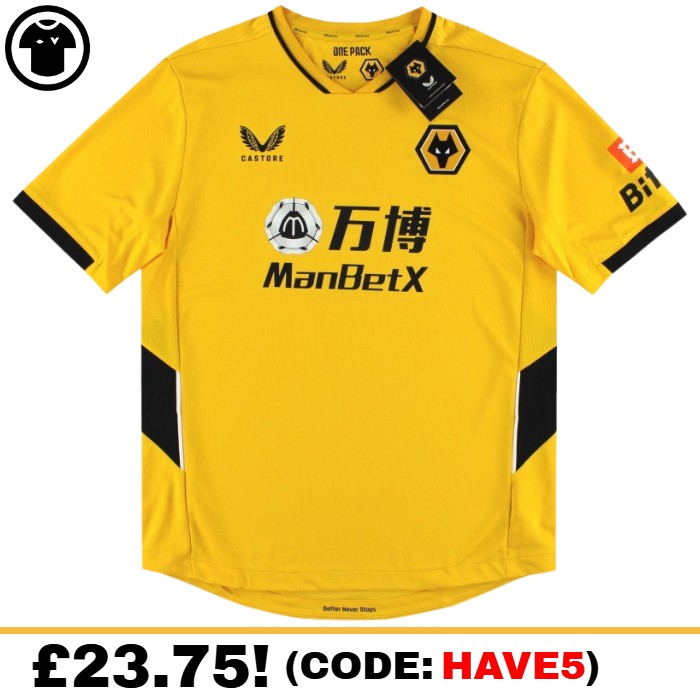 Wolves Home 2021/2022 Football Shirt Manufactured By Castore. The Club Plays In England.